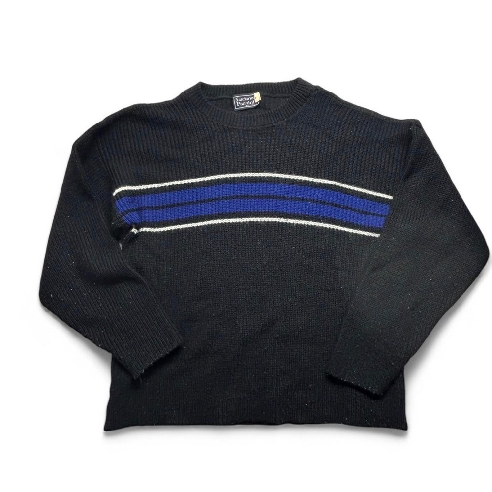 Luciano Pannini Vintage Mens 2X Crewneck Sweater Black Blue Stripe Made in USA